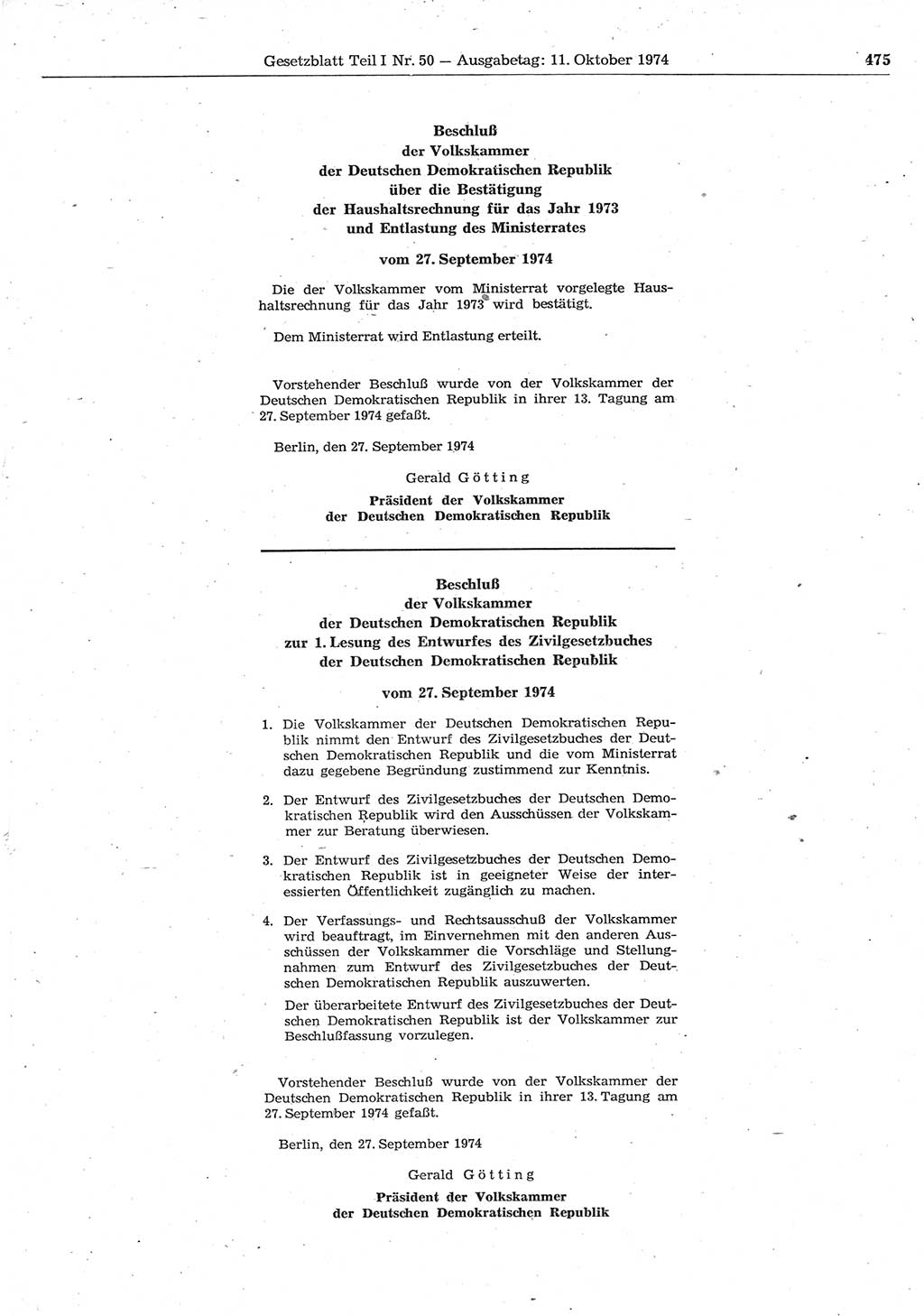 Gesetzblatt (GBl.) der Deutschen Demokratischen Republik (DDR) Teil Ⅰ 1974, Seite 475 (GBl. DDR Ⅰ 1974, S. 475)