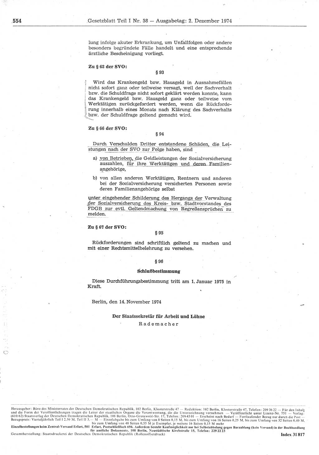 Gesetzblatt (GBl.) der Deutschen Demokratischen Republik (DDR) Teil Ⅰ 1974, Seite 554 (GBl. DDR Ⅰ 1974, S. 554)