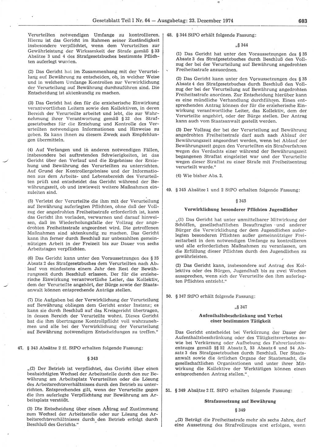 Gesetzblatt (GBl.) der Deutschen Demokratischen Republik (DDR) Teil Ⅰ 1974, Seite 603 (GBl. DDR Ⅰ 1974, S. 603)