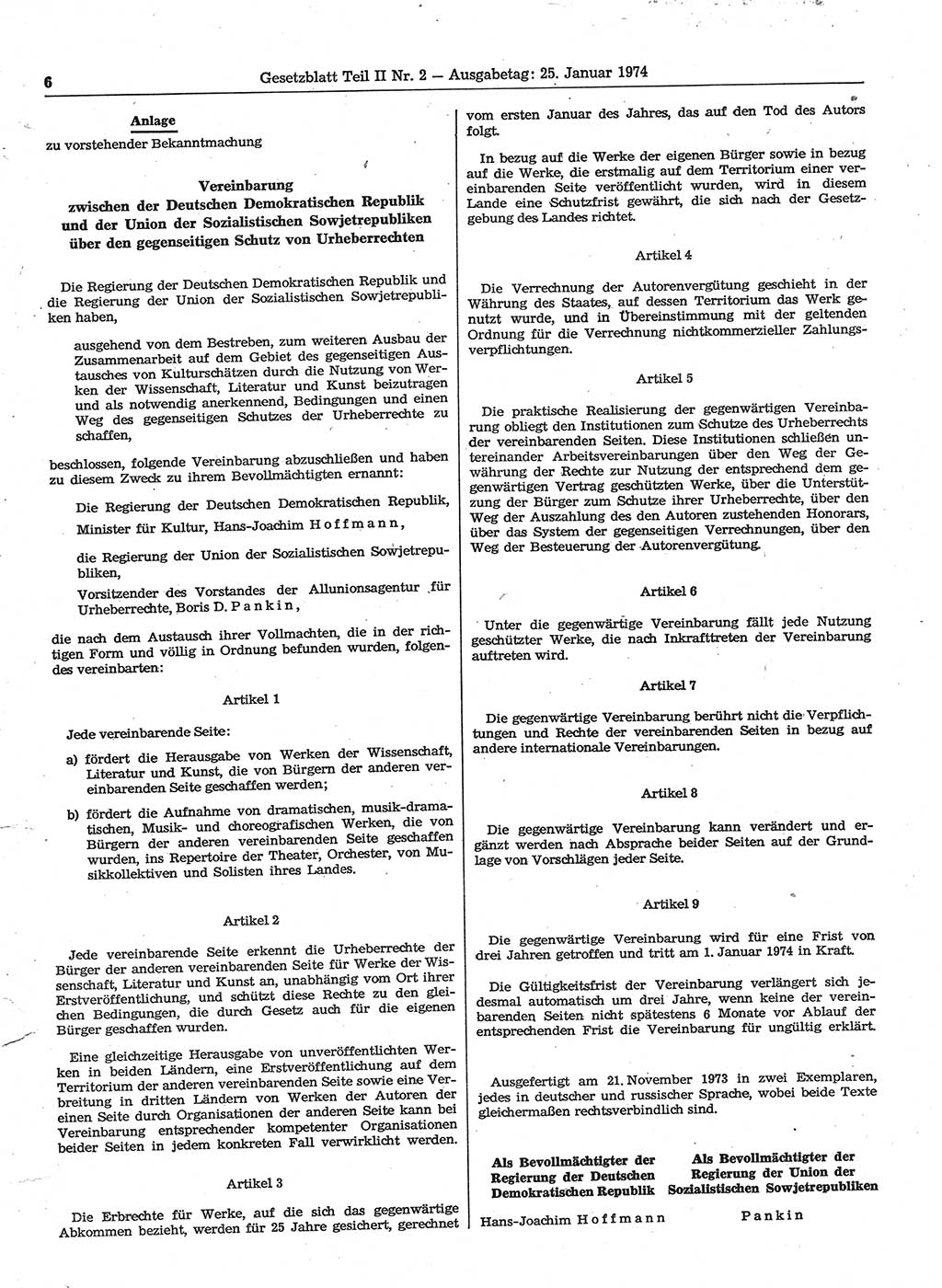 Gesetzblatt (GBl.) der Deutschen Demokratischen Republik (DDR) Teil ⅠⅠ 1974, Seite 6 (GBl. DDR ⅠⅠ 1974, S. 6)