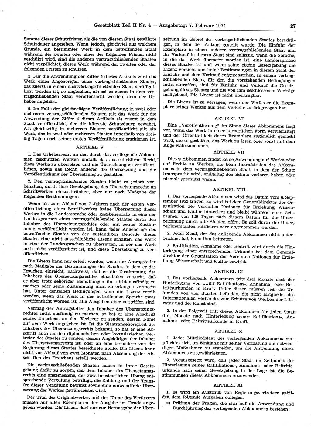 Gesetzblatt (GBl.) der Deutschen Demokratischen Republik (DDR) Teil ⅠⅠ 1974, Seite 27 (GBl. DDR ⅠⅠ 1974, S. 27)