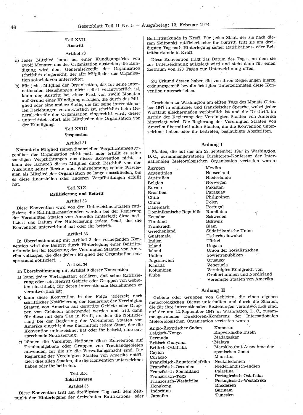 Gesetzblatt (GBl.) der Deutschen Demokratischen Republik (DDR) Teil ⅠⅠ 1974, Seite 46 (GBl. DDR ⅠⅠ 1974, S. 46)