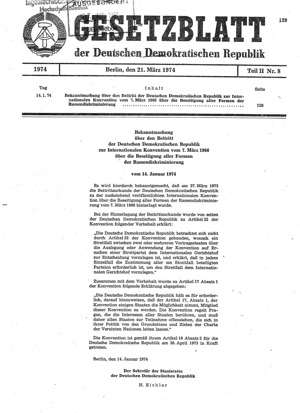 Gesetzblatt (GBl.) der Deutschen Demokratischen Republik (DDR) Teil ⅠⅠ 1974, Seite 129 (GBl. DDR ⅠⅠ 1974, S. 129)