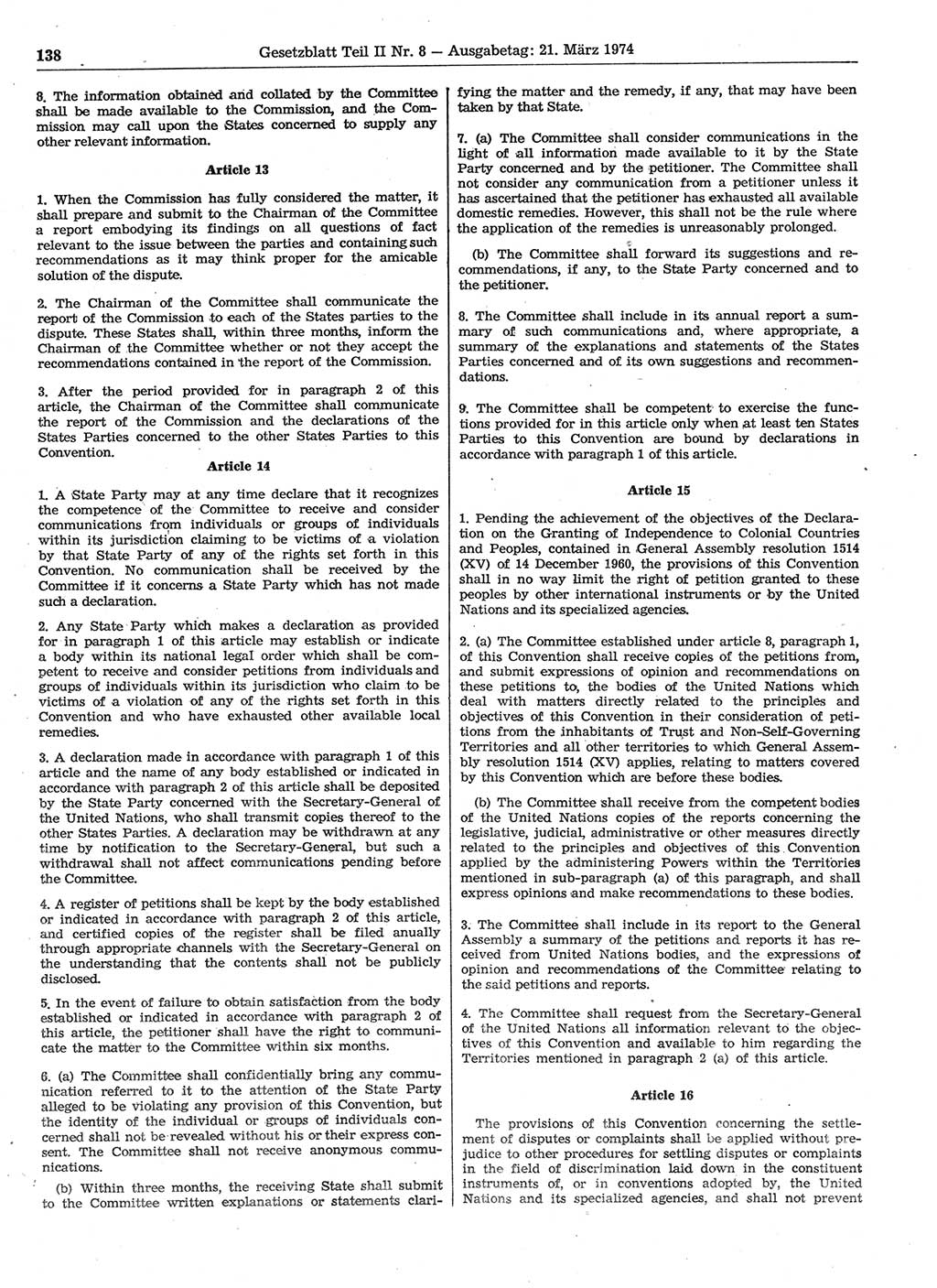 Gesetzblatt (GBl.) der Deutschen Demokratischen Republik (DDR) Teil ⅠⅠ 1974, Seite 138 (GBl. DDR ⅠⅠ 1974, S. 138)