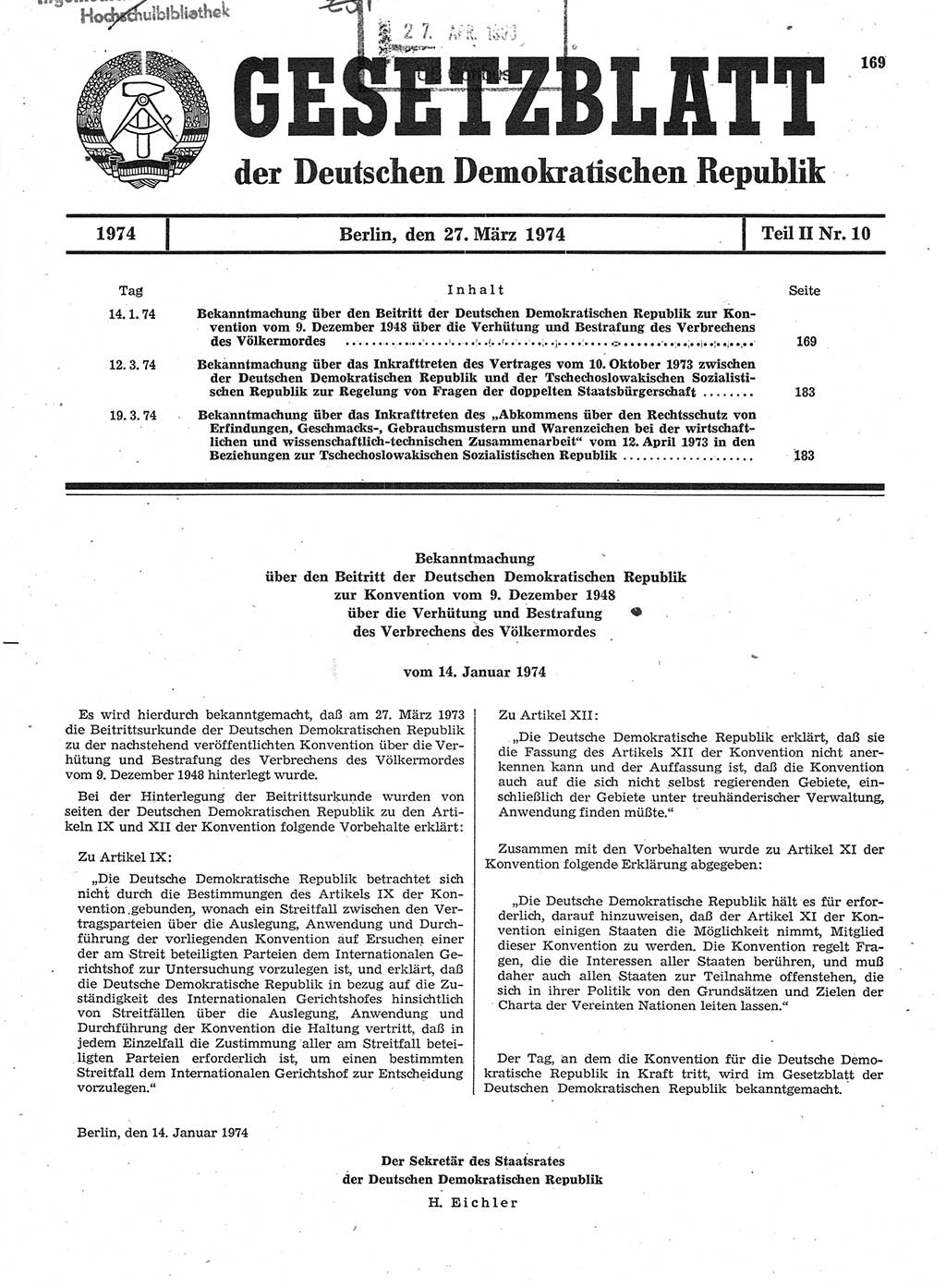 Gesetzblatt (GBl.) der Deutschen Demokratischen Republik (DDR) Teil ⅠⅠ 1974, Seite 169 (GBl. DDR ⅠⅠ 1974, S. 169)