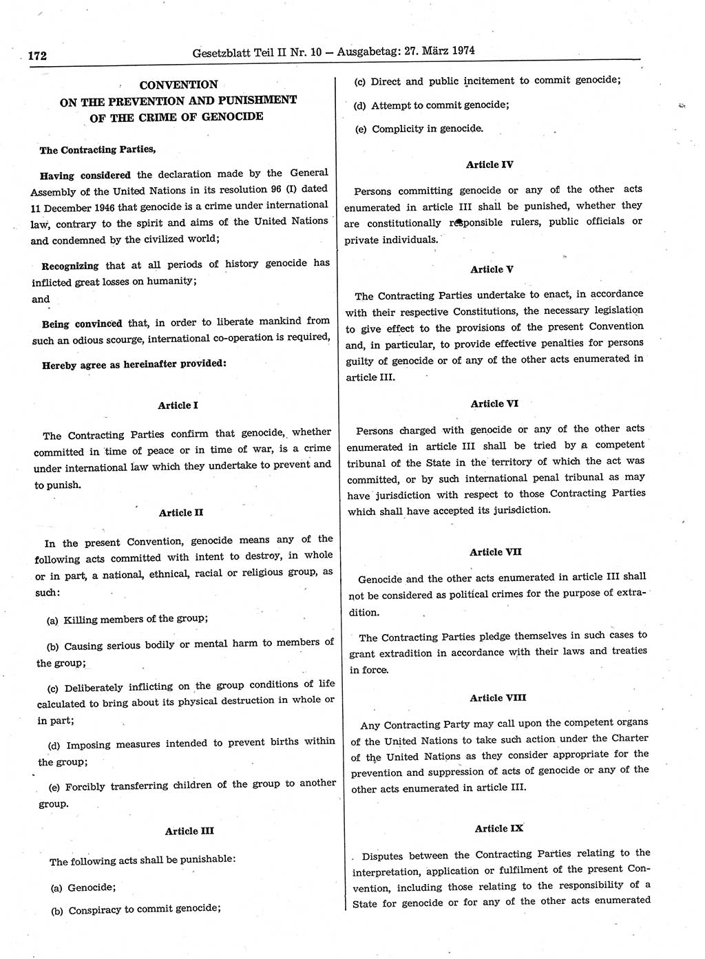 Gesetzblatt (GBl.) der Deutschen Demokratischen Republik (DDR) Teil ⅠⅠ 1974, Seite 172 (GBl. DDR ⅠⅠ 1974, S. 172)