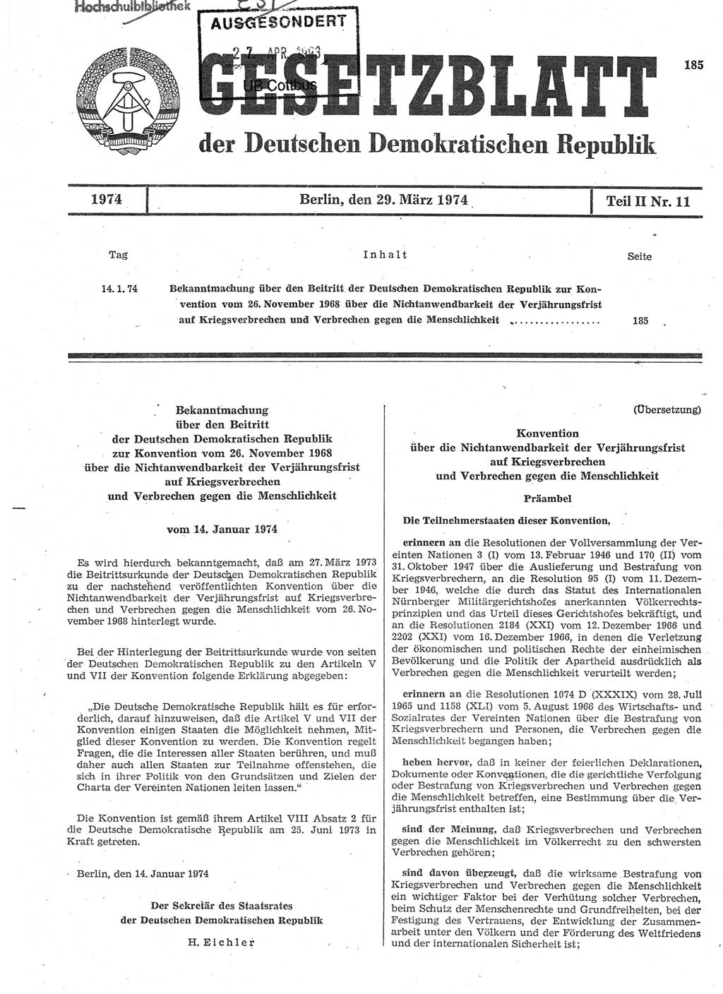 Gesetzblatt (GBl.) der Deutschen Demokratischen Republik (DDR) Teil ⅠⅠ 1974, Seite 185 (GBl. DDR ⅠⅠ 1974, S. 185)