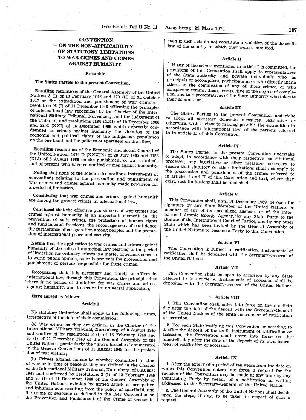 Gesetzblatt (GBl.) der Deutschen Demokratischen Republik (DDR) Teil ⅠⅠ 1974, Seite 187 (GBl. DDR ⅠⅠ 1974, S. 187)