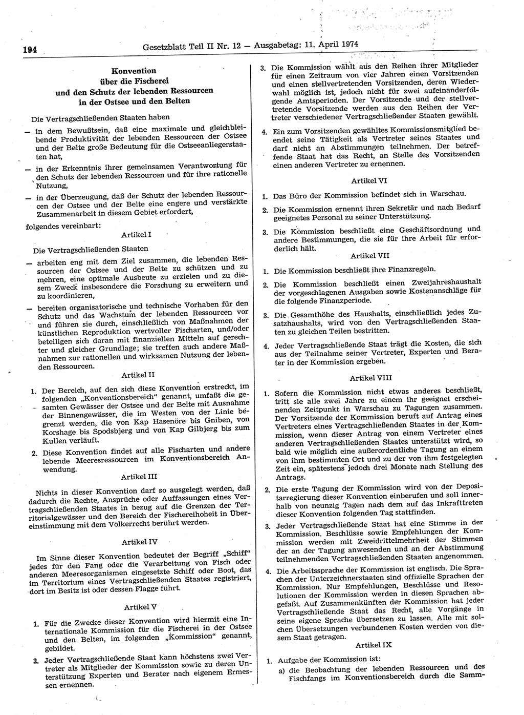 Gesetzblatt (GBl.) der Deutschen Demokratischen Republik (DDR) Teil ⅠⅠ 1974, Seite 194 (GBl. DDR ⅠⅠ 1974, S. 194)