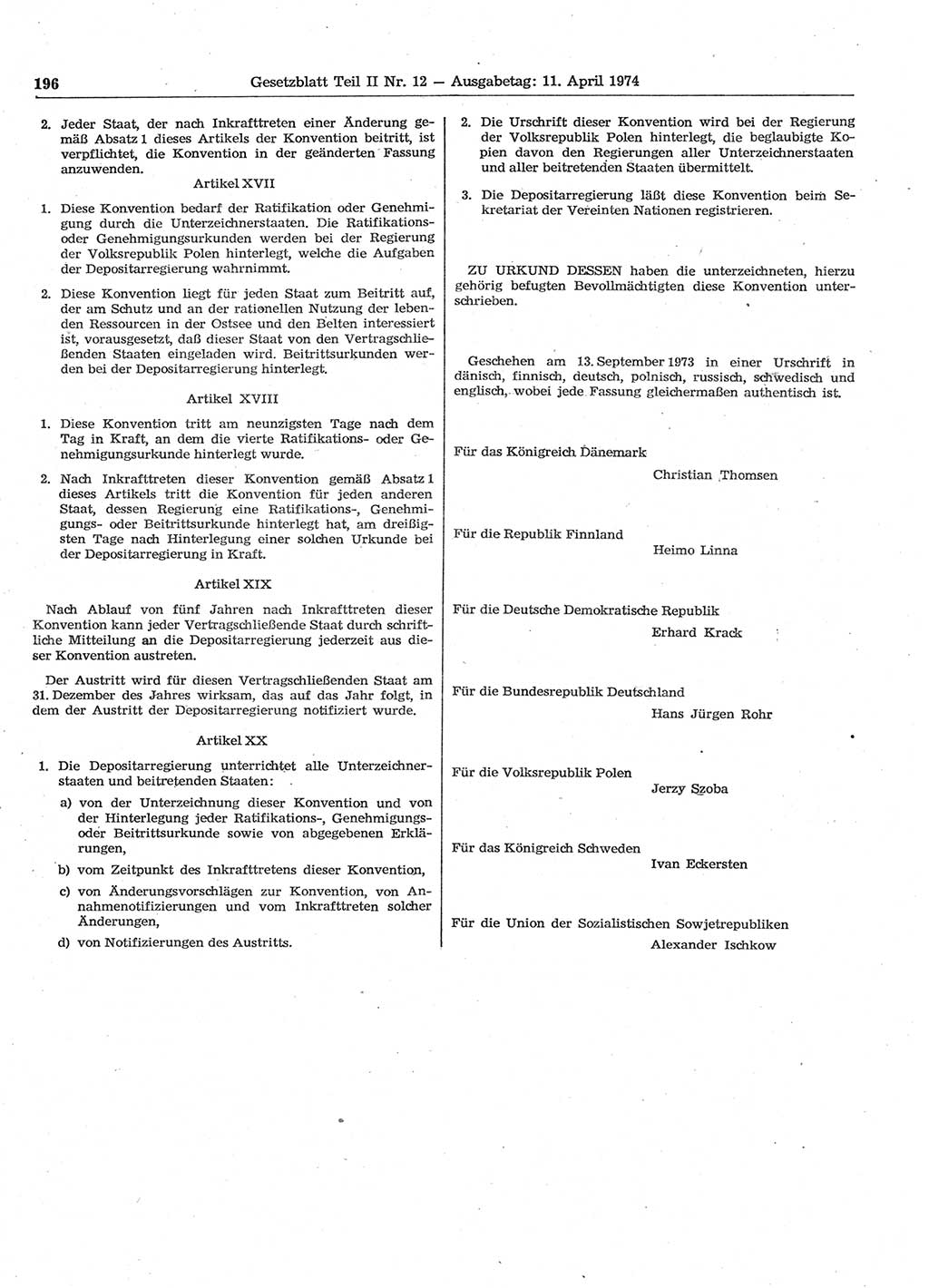 Gesetzblatt (GBl.) der Deutschen Demokratischen Republik (DDR) Teil ⅠⅠ 1974, Seite 196 (GBl. DDR ⅠⅠ 1974, S. 196)