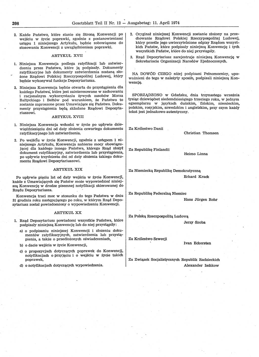 Gesetzblatt (GBl.) der Deutschen Demokratischen Republik (DDR) Teil ⅠⅠ 1974, Seite 208 (GBl. DDR ⅠⅠ 1974, S. 208)