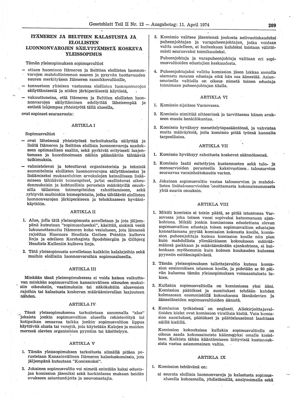 Gesetzblatt (GBl.) der Deutschen Demokratischen Republik (DDR) Teil ⅠⅠ 1974, Seite 209 (GBl. DDR ⅠⅠ 1974, S. 209)