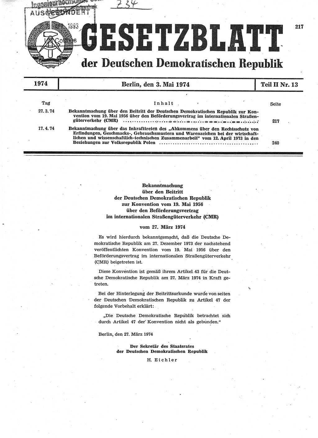 Gesetzblatt (GBl.) der Deutschen Demokratischen Republik (DDR) Teil ⅠⅠ 1974, Seite 217 (GBl. DDR ⅠⅠ 1974, S. 217)