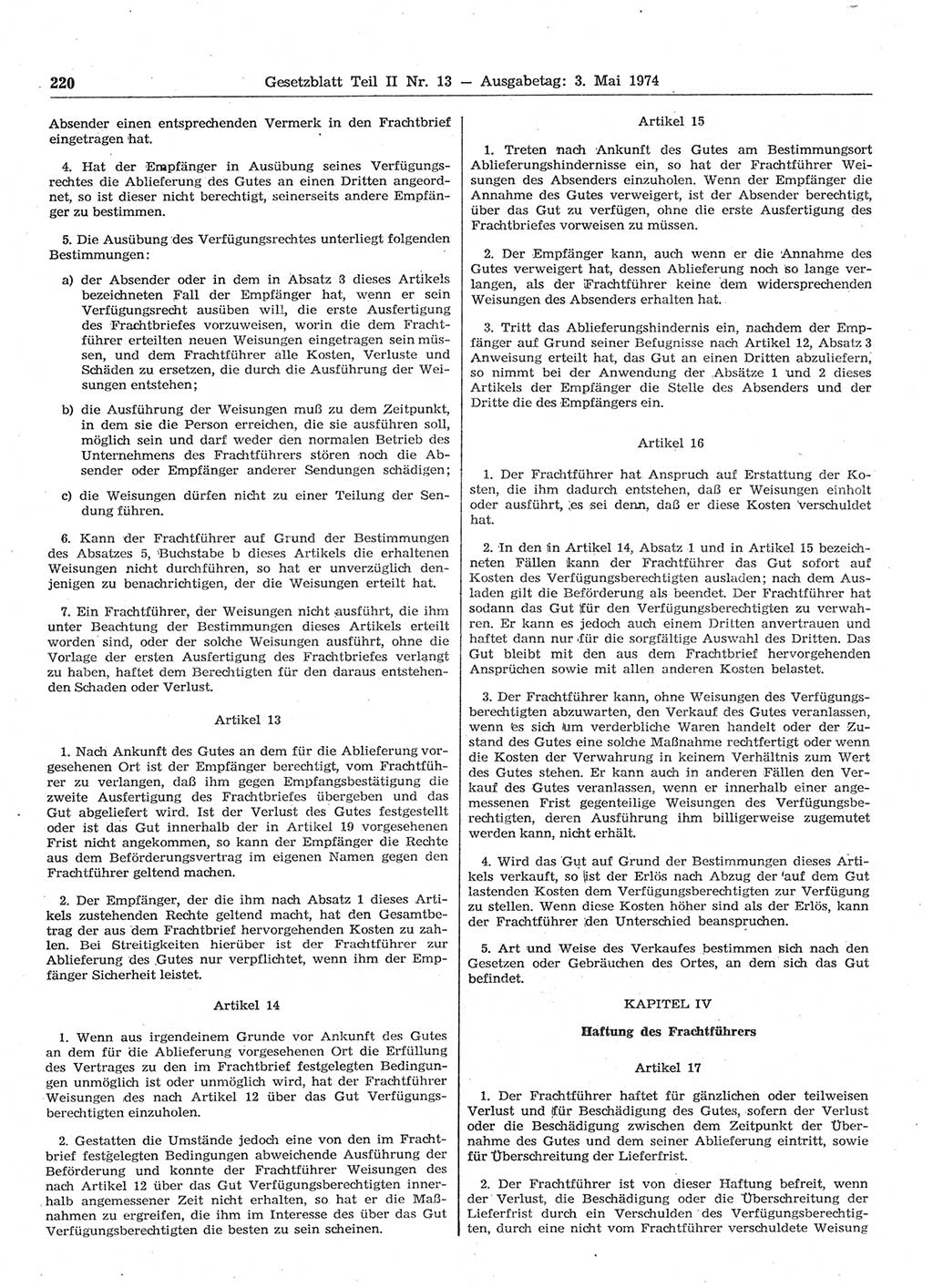 Gesetzblatt (GBl.) der Deutschen Demokratischen Republik (DDR) Teil ⅠⅠ 1974, Seite 220 (GBl. DDR ⅠⅠ 1974, S. 220)