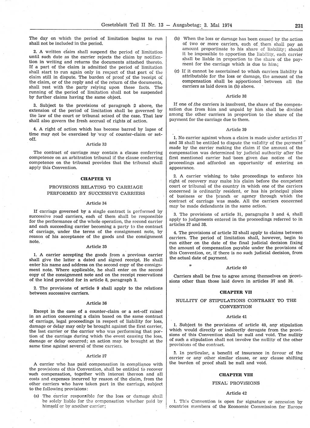 Gesetzblatt (GBl.) der Deutschen Demokratischen Republik (DDR) Teil ⅠⅠ 1974, Seite 231 (GBl. DDR ⅠⅠ 1974, S. 231)