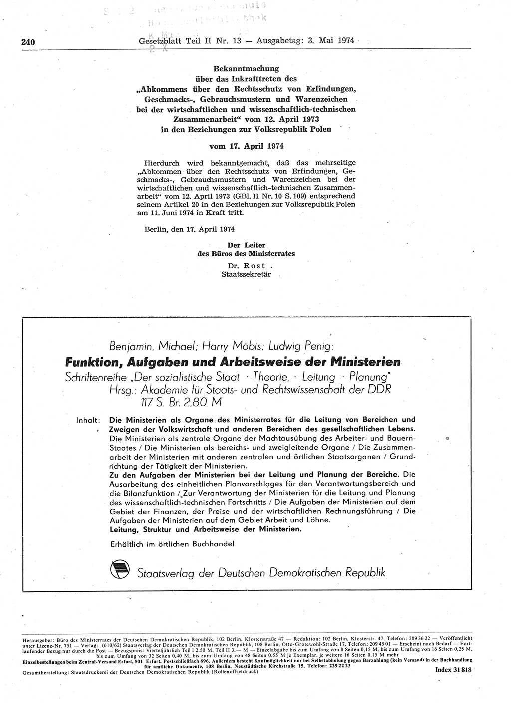 Gesetzblatt (GBl.) der Deutschen Demokratischen Republik (DDR) Teil ⅠⅠ 1974, Seite 240 (GBl. DDR ⅠⅠ 1974, S. 240)