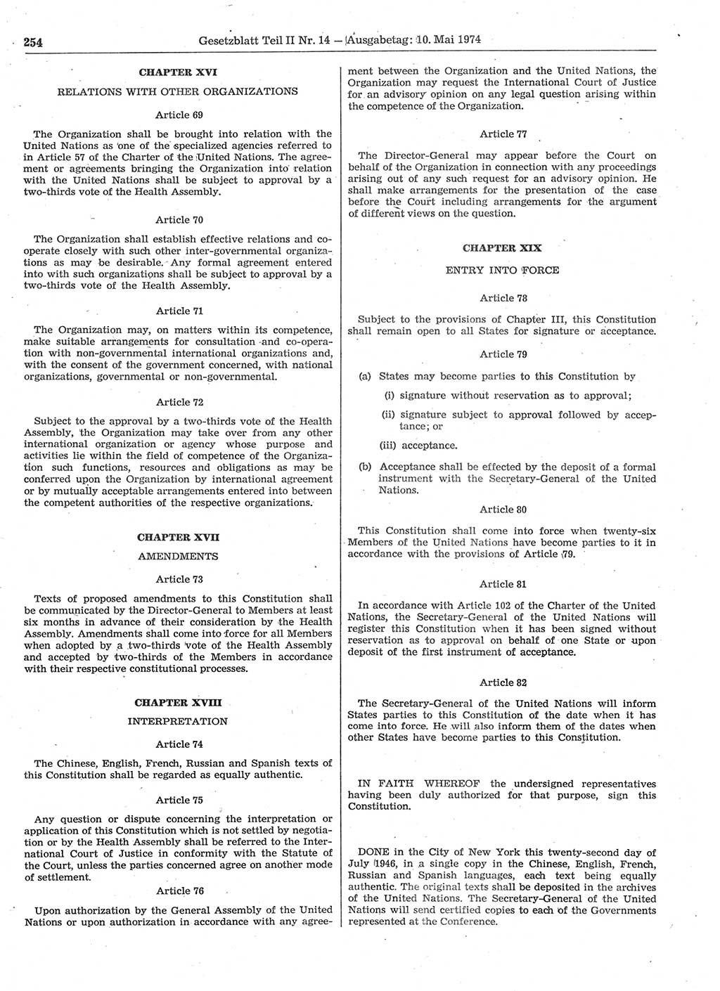 Gesetzblatt (GBl.) der Deutschen Demokratischen Republik (DDR) Teil ⅠⅠ 1974, Seite 254 (GBl. DDR ⅠⅠ 1974, S. 254)