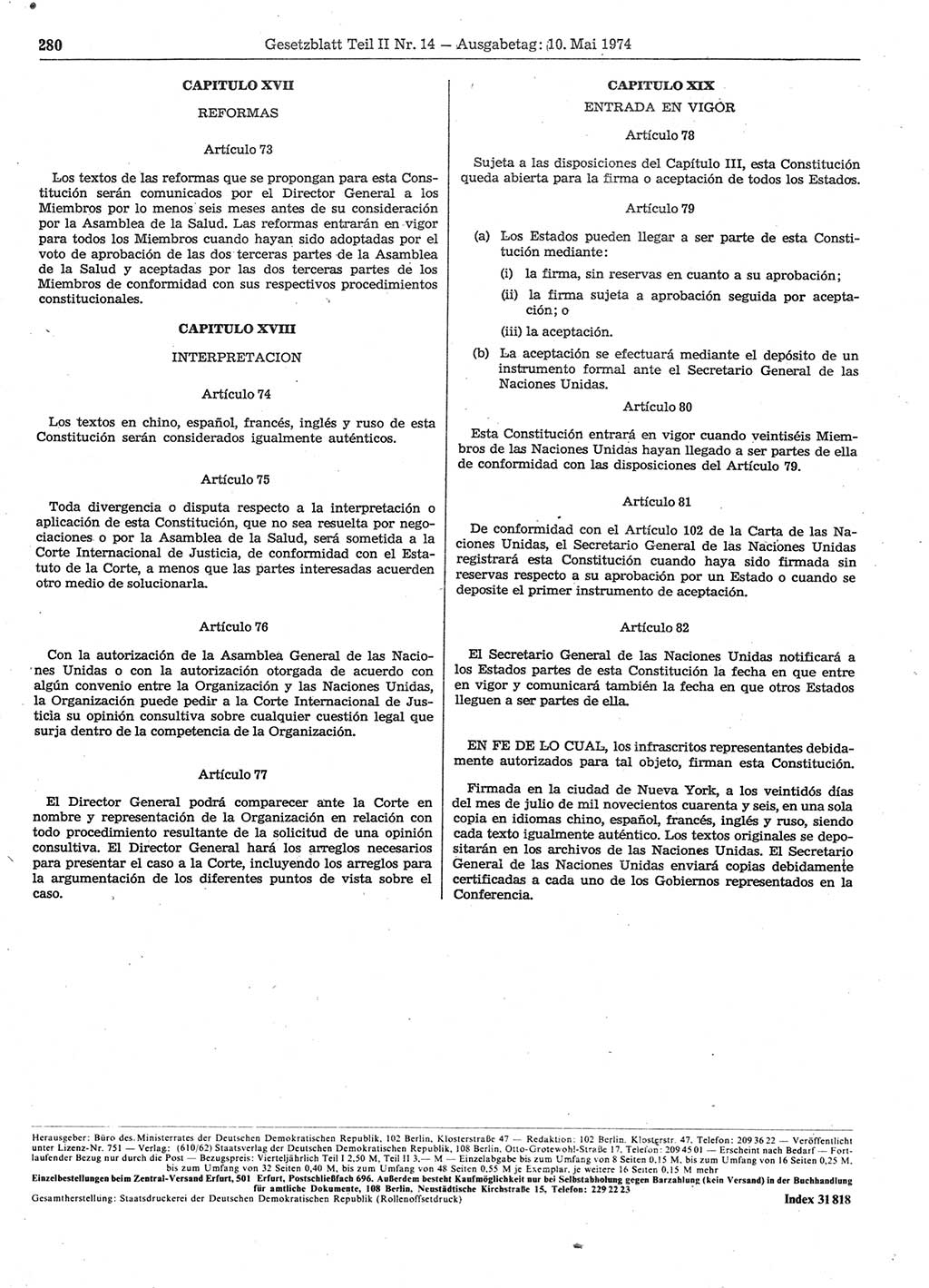 Gesetzblatt (GBl.) der Deutschen Demokratischen Republik (DDR) Teil ⅠⅠ 1974, Seite 280 (GBl. DDR ⅠⅠ 1974, S. 280)
