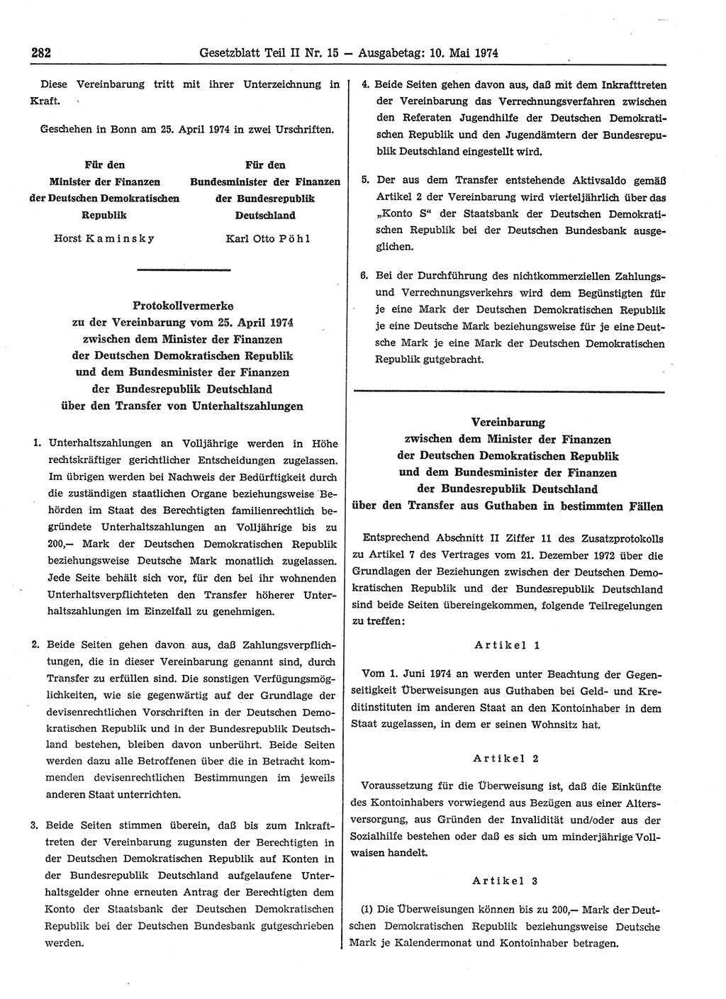 Gesetzblatt (GBl.) der Deutschen Demokratischen Republik (DDR) Teil ⅠⅠ 1974, Seite 282 (GBl. DDR ⅠⅠ 1974, S. 282)