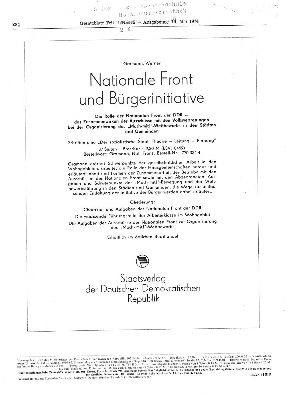 Gesetzblatt (GBl.) der Deutschen Demokratischen Republik (DDR) Teil ⅠⅠ 1974, Seite 284 (GBl. DDR ⅠⅠ 1974, S. 284)