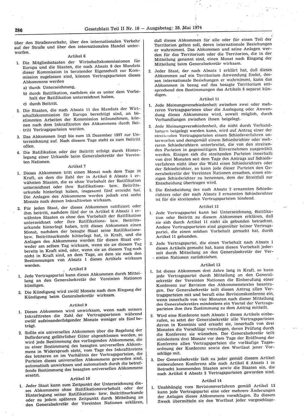 Gesetzblatt (GBl.) der Deutschen Demokratischen Republik (DDR) Teil ⅠⅠ 1974, Seite 286 (GBl. DDR ⅠⅠ 1974, S. 286)