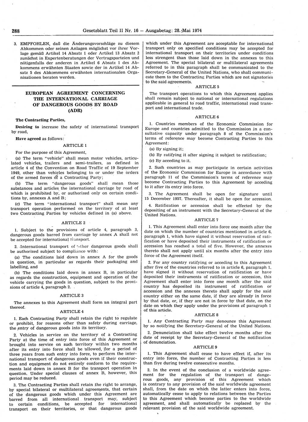 Gesetzblatt (GBl.) der Deutschen Demokratischen Republik (DDR) Teil ⅠⅠ 1974, Seite 288 (GBl. DDR ⅠⅠ 1974, S. 288)