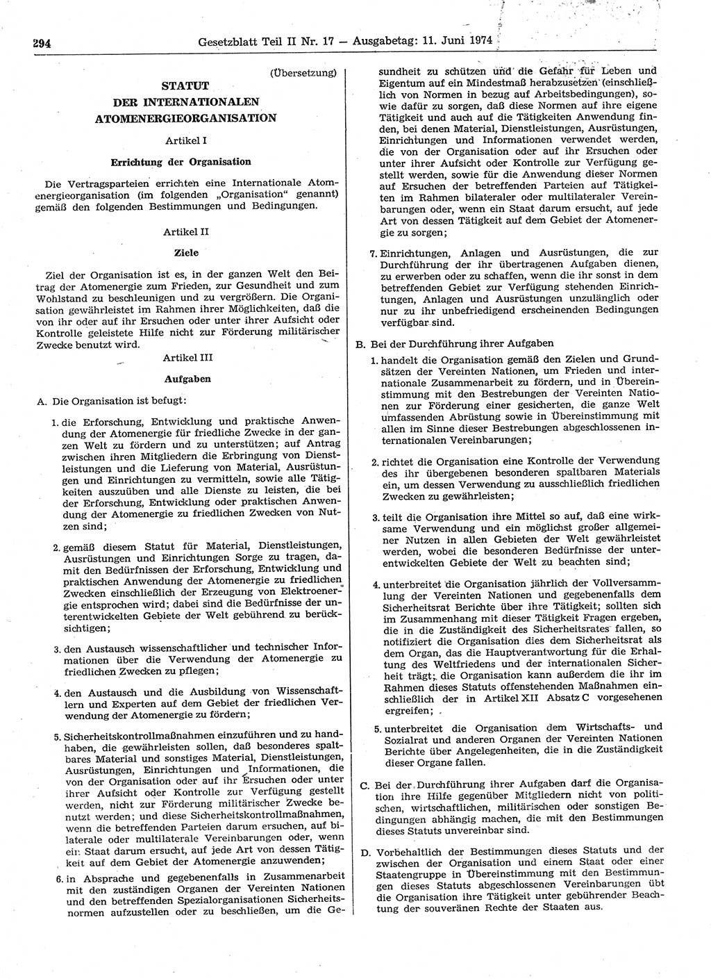 Gesetzblatt (GBl.) der Deutschen Demokratischen Republik (DDR) Teil ⅠⅠ 1974, Seite 294 (GBl. DDR ⅠⅠ 1974, S. 294)