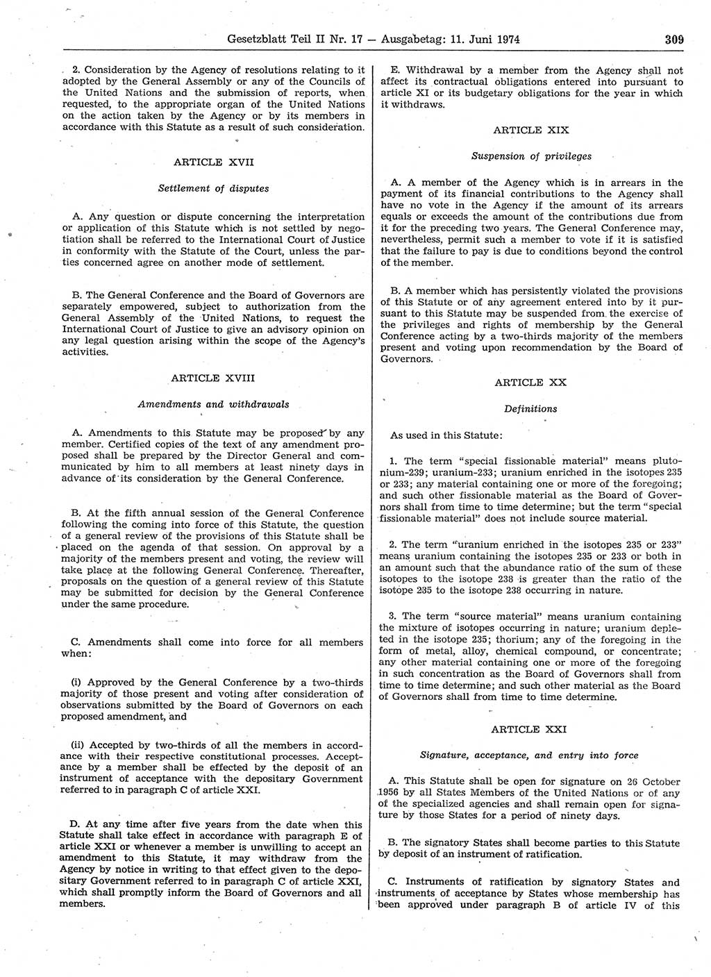 Gesetzblatt (GBl.) der Deutschen Demokratischen Republik (DDR) Teil ⅠⅠ 1974, Seite 309 (GBl. DDR ⅠⅠ 1974, S. 309)