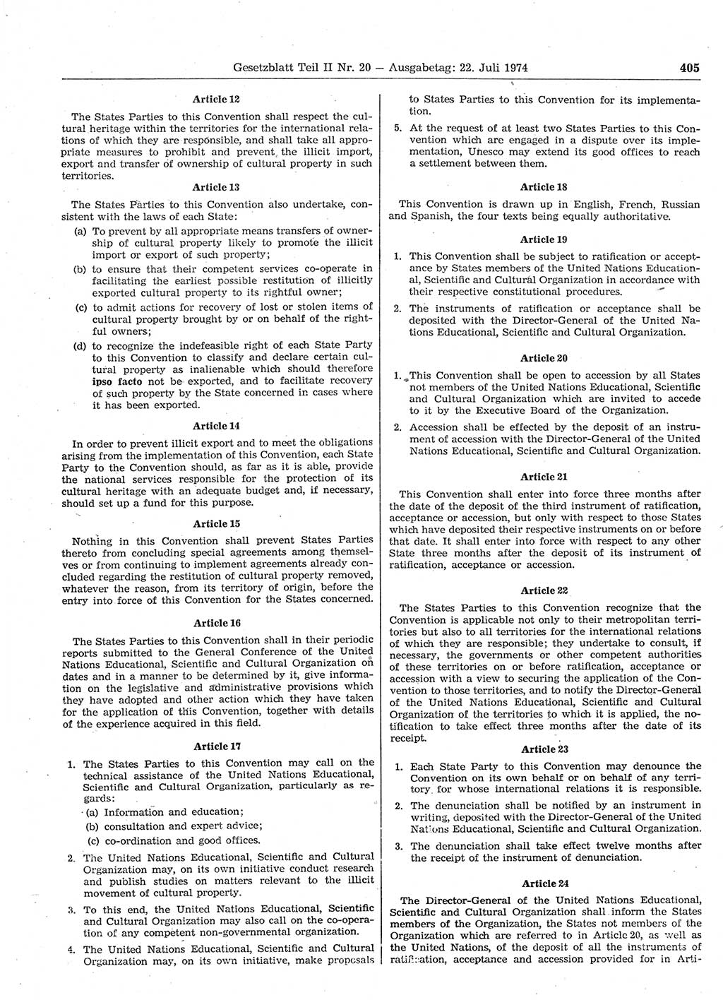 Gesetzblatt (GBl.) der Deutschen Demokratischen Republik (DDR) Teil ⅠⅠ 1974, Seite 405 (GBl. DDR ⅠⅠ 1974, S. 405)