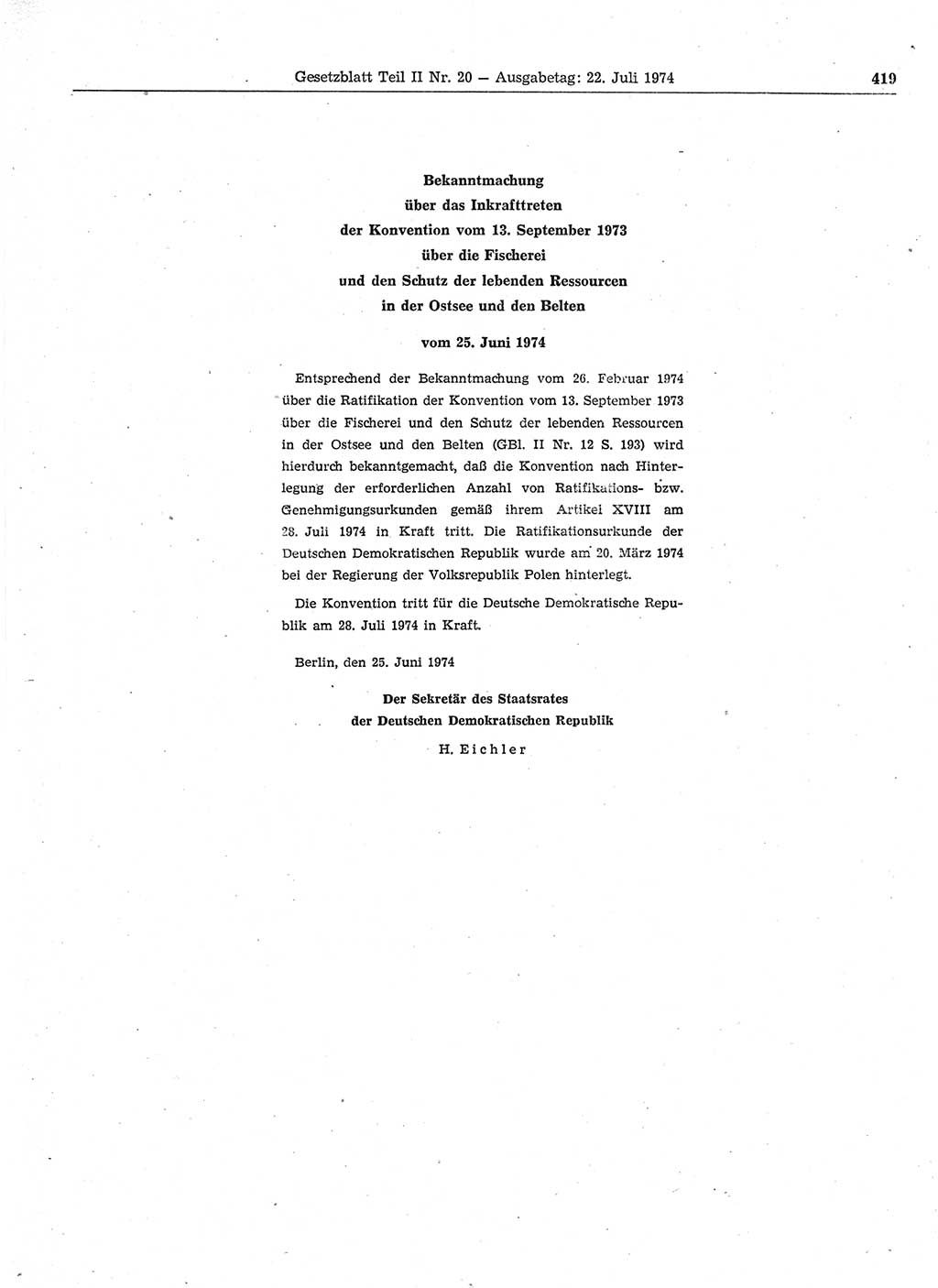 Gesetzblatt (GBl.) der Deutschen Demokratischen Republik (DDR) Teil ⅠⅠ 1974, Seite 419 (GBl. DDR ⅠⅠ 1974, S. 419)