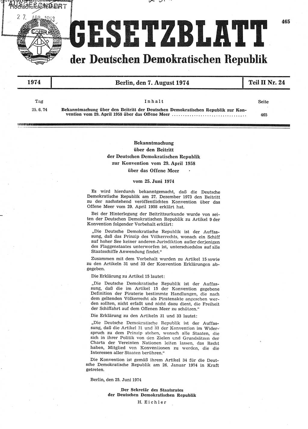 Gesetzblatt (GBl.) der Deutschen Demokratischen Republik (DDR) Teil ⅠⅠ 1974, Seite 465 (GBl. DDR ⅠⅠ 1974, S. 465)