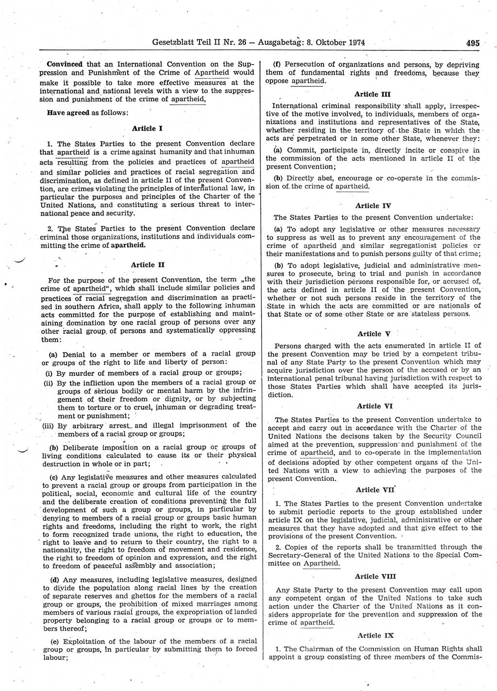 Gesetzblatt (GBl.) der Deutschen Demokratischen Republik (DDR) Teil ⅠⅠ 1974, Seite 495 (GBl. DDR ⅠⅠ 1974, S. 495)