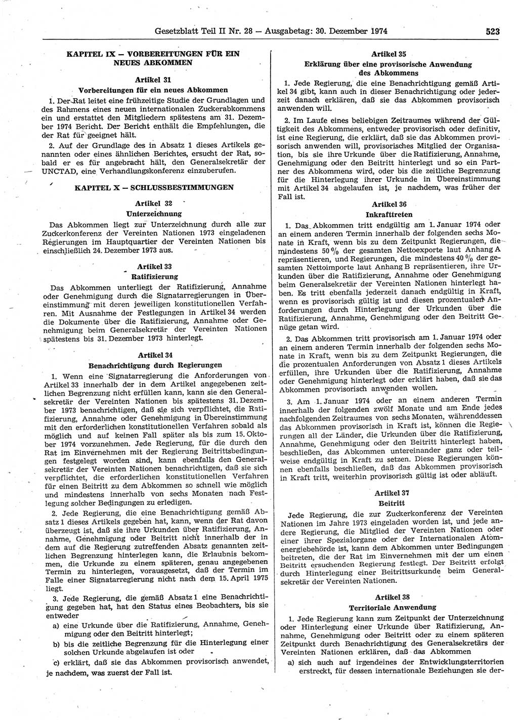 Gesetzblatt (GBl.) der Deutschen Demokratischen Republik (DDR) Teil ⅠⅠ 1974, Seite 523 (GBl. DDR ⅠⅠ 1974, S. 523)