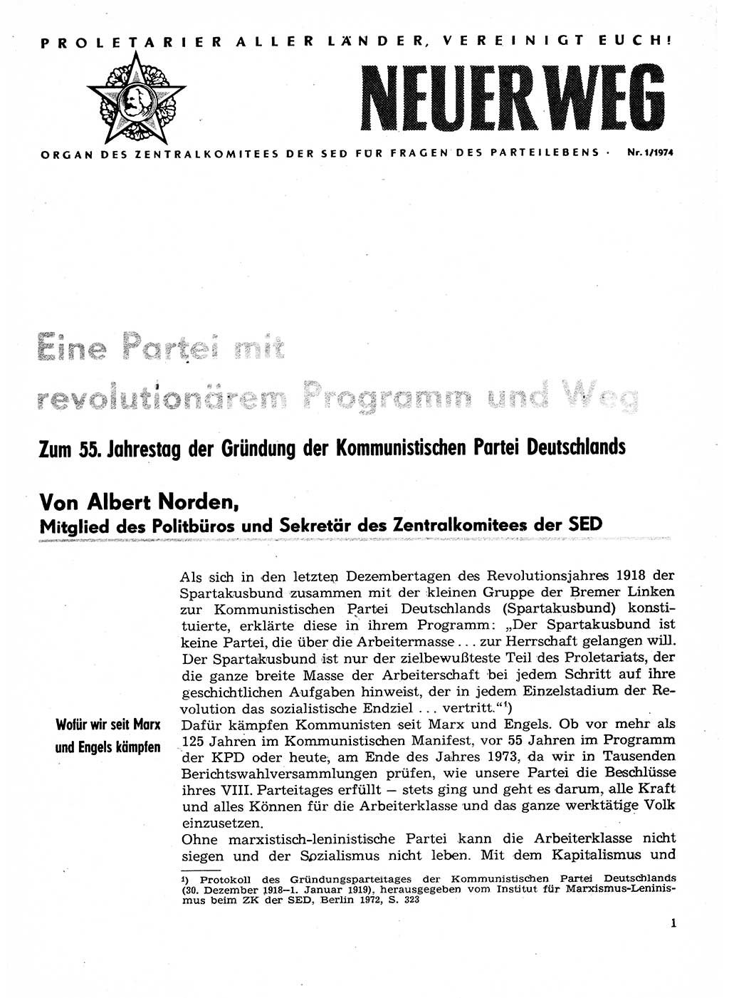 Neuer Weg (NW), Organ des Zentralkomitees (ZK) der SED (Sozialistische Einheitspartei Deutschlands) für Fragen des Parteilebens, 29. Jahrgang [Deutsche Demokratische Republik (DDR)] 1974, Seite 1 (NW ZK SED DDR 1974, S. 1)