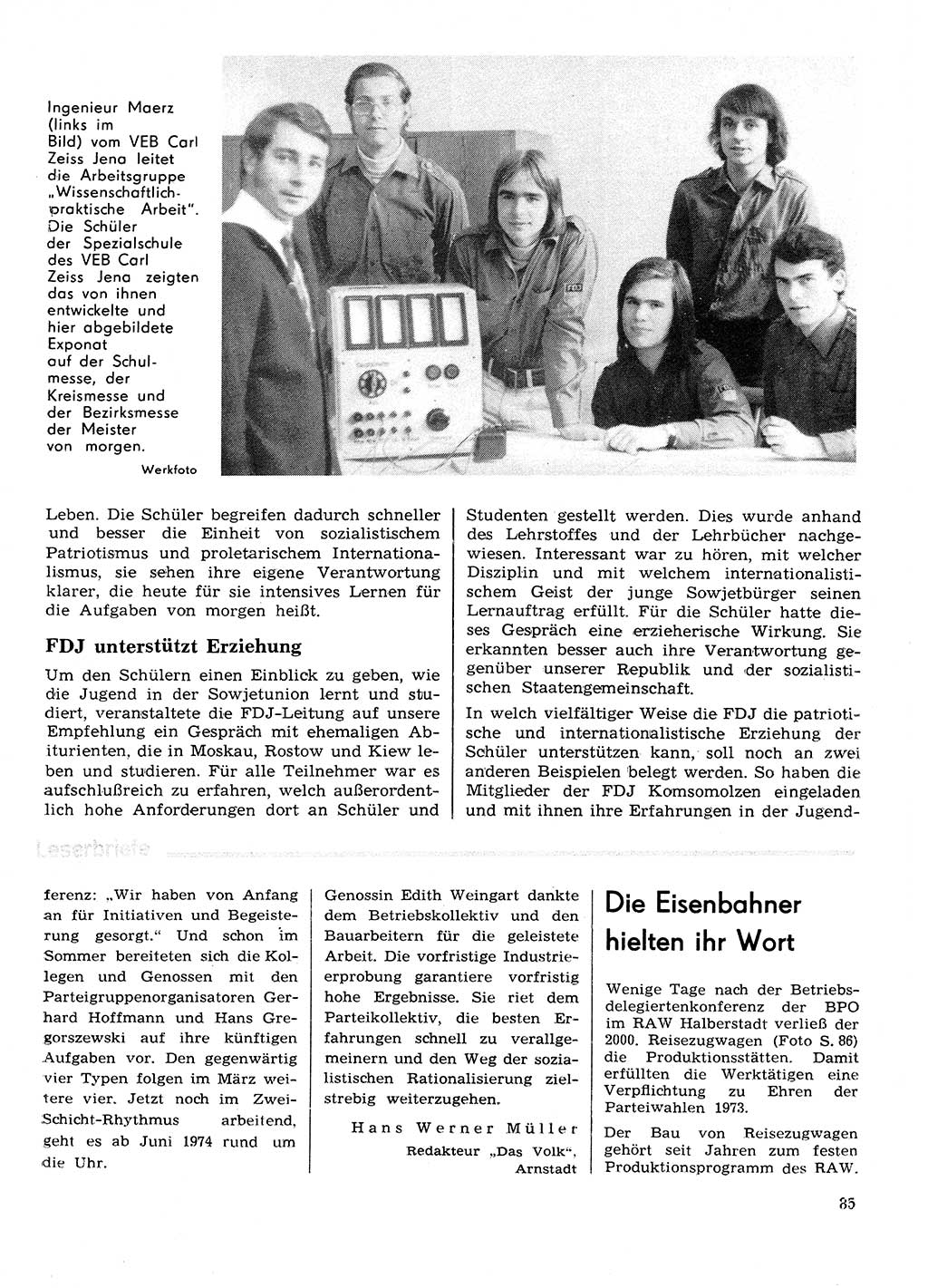 Neuer Weg (NW), Organ des Zentralkomitees (ZK) der SED (Sozialistische Einheitspartei Deutschlands) für Fragen des Parteilebens, 29. Jahrgang [Deutsche Demokratische Republik (DDR)] 1974, Seite 85 (NW ZK SED DDR 1974, S. 85)