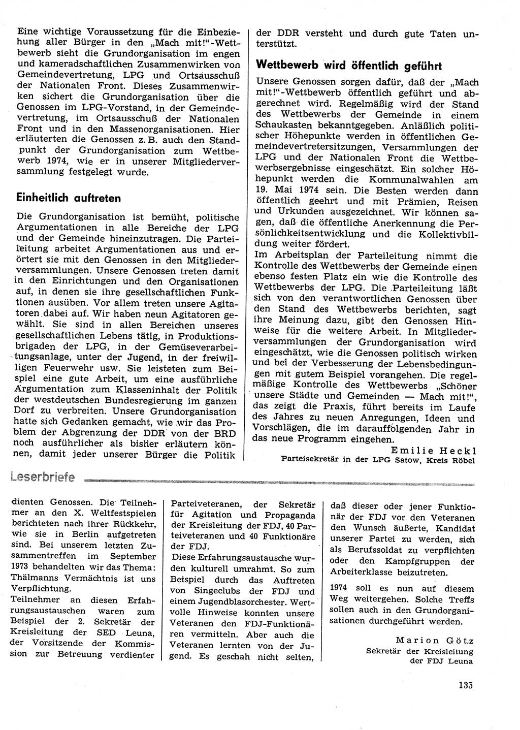 Neuer Weg (NW), Organ des Zentralkomitees (ZK) der SED (Sozialistische Einheitspartei Deutschlands) für Fragen des Parteilebens, 29. Jahrgang [Deutsche Demokratische Republik (DDR)] 1974, Seite 135 (NW ZK SED DDR 1974, S. 135)