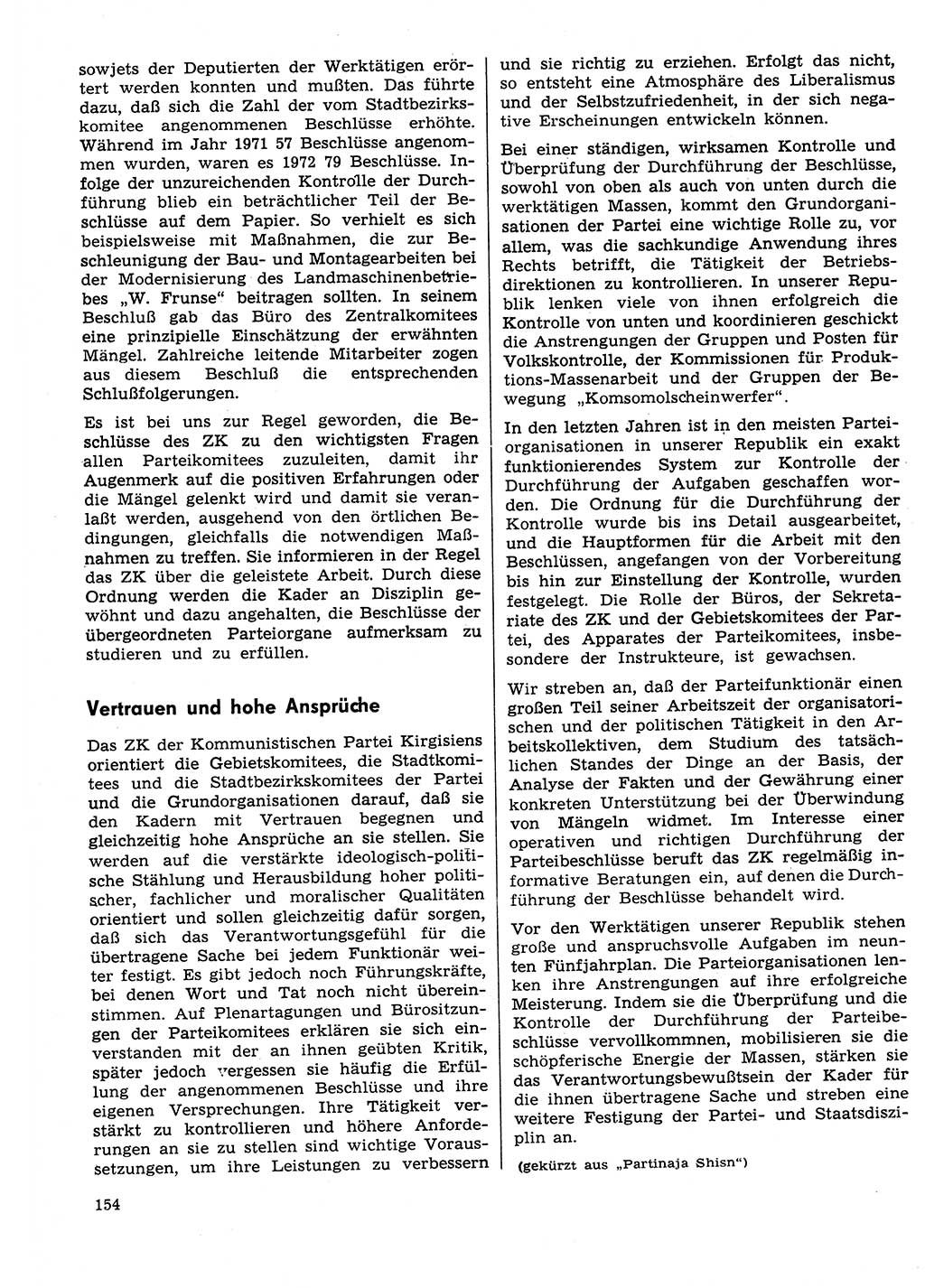 Neuer Weg (NW), Organ des Zentralkomitees (ZK) der SED (Sozialistische Einheitspartei Deutschlands) für Fragen des Parteilebens, 29. Jahrgang [Deutsche Demokratische Republik (DDR)] 1974, Seite 154 (NW ZK SED DDR 1974, S. 154)