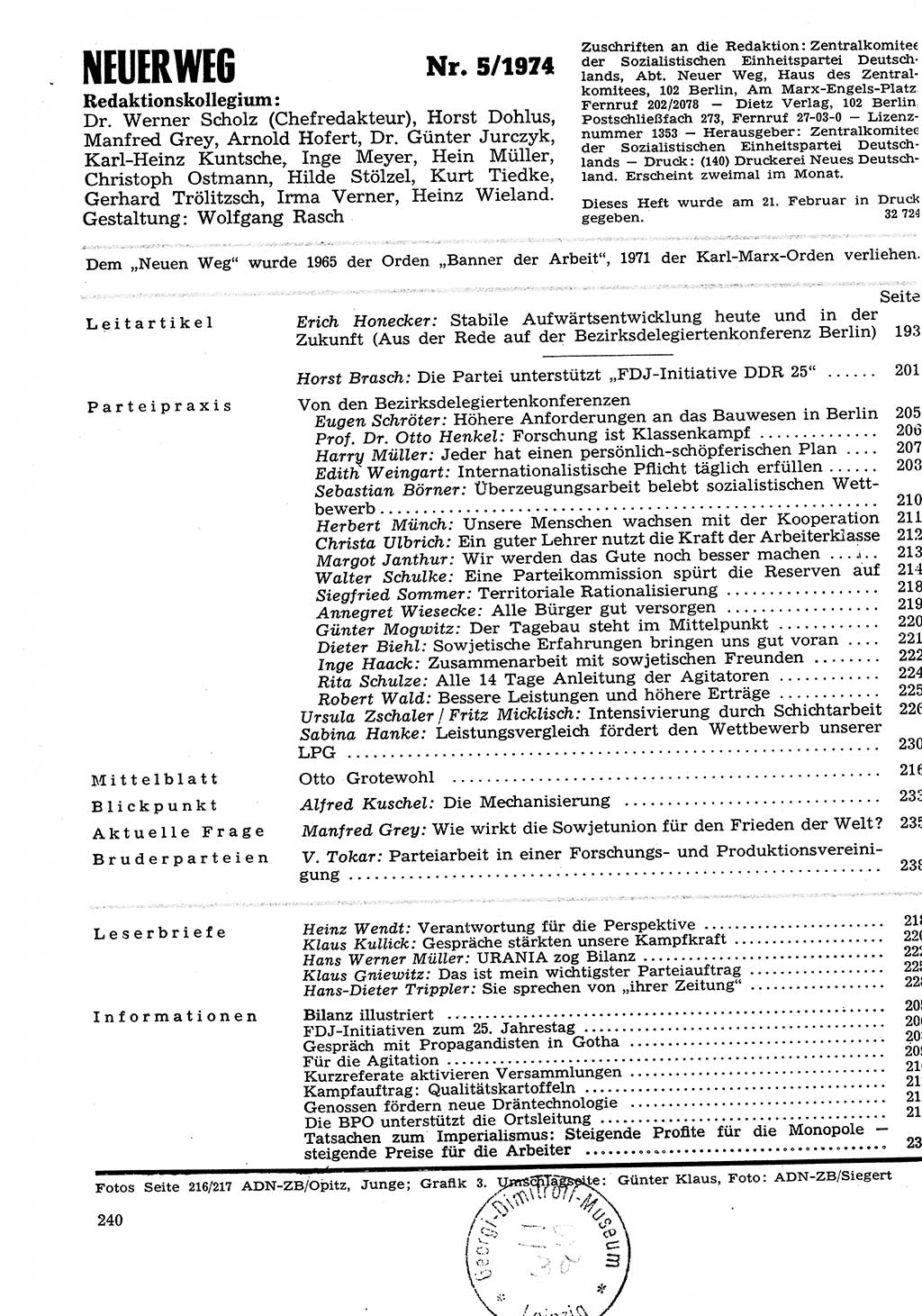 Neuer Weg (NW), Organ des Zentralkomitees (ZK) der SED (Sozialistische Einheitspartei Deutschlands) für Fragen des Parteilebens, 29. Jahrgang [Deutsche Demokratische Republik (DDR)] 1974, Seite 240 (NW ZK SED DDR 1974, S. 240)