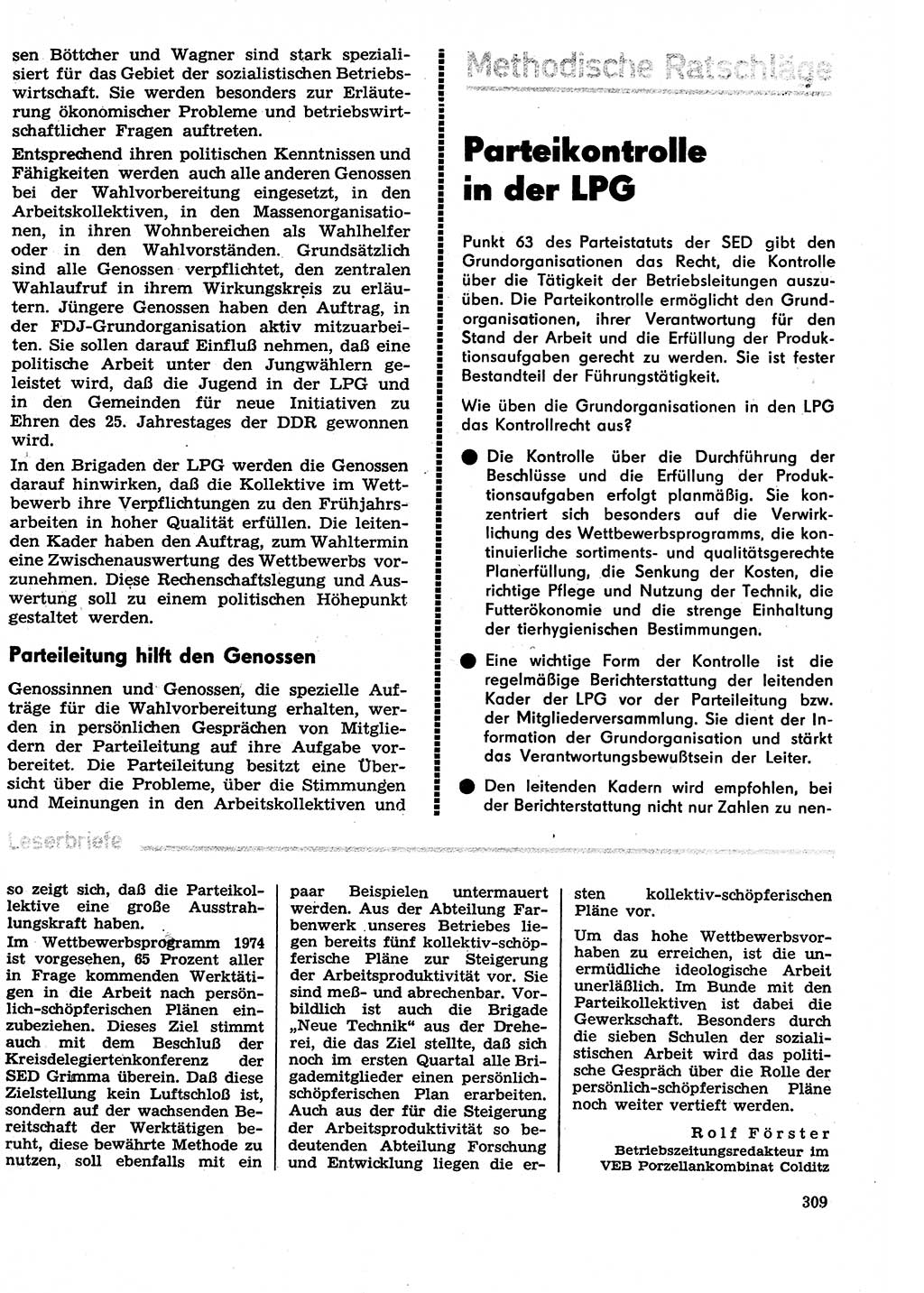 Neuer Weg (NW), Organ des Zentralkomitees (ZK) der SED (Sozialistische Einheitspartei Deutschlands) für Fragen des Parteilebens, 29. Jahrgang [Deutsche Demokratische Republik (DDR)] 1974, Seite 309 (NW ZK SED DDR 1974, S. 309)