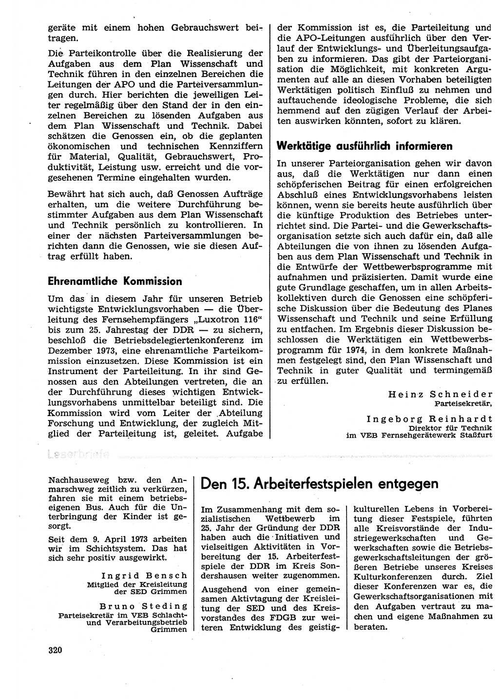 Neuer Weg (NW), Organ des Zentralkomitees (ZK) der SED (Sozialistische Einheitspartei Deutschlands) für Fragen des Parteilebens, 29. Jahrgang [Deutsche Demokratische Republik (DDR)] 1974, Seite 320 (NW ZK SED DDR 1974, S. 320)