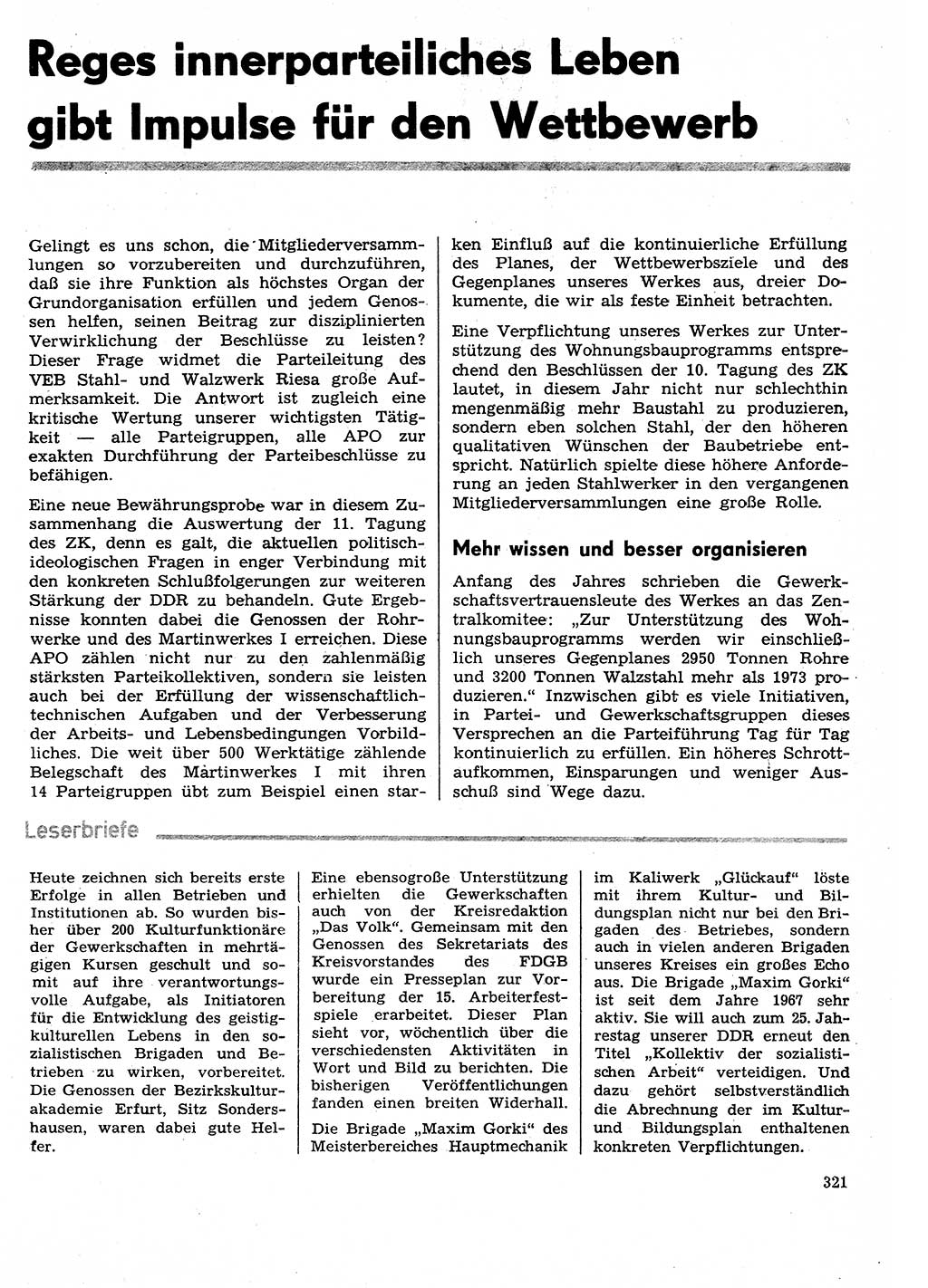 Neuer Weg (NW), Organ des Zentralkomitees (ZK) der SED (Sozialistische Einheitspartei Deutschlands) für Fragen des Parteilebens, 29. Jahrgang [Deutsche Demokratische Republik (DDR)] 1974, Seite 321 (NW ZK SED DDR 1974, S. 321)