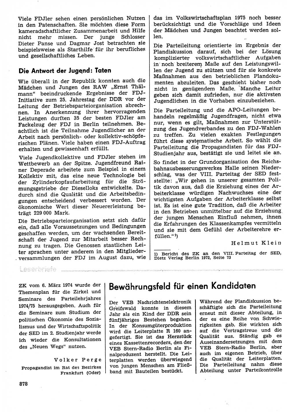 Neuer Weg (NW), Organ des Zentralkomitees (ZK) der SED (Sozialistische Einheitspartei Deutschlands) für Fragen des Parteilebens, 29. Jahrgang [Deutsche Demokratische Republik (DDR)] 1974, Seite 878 (NW ZK SED DDR 1974, S. 878)
