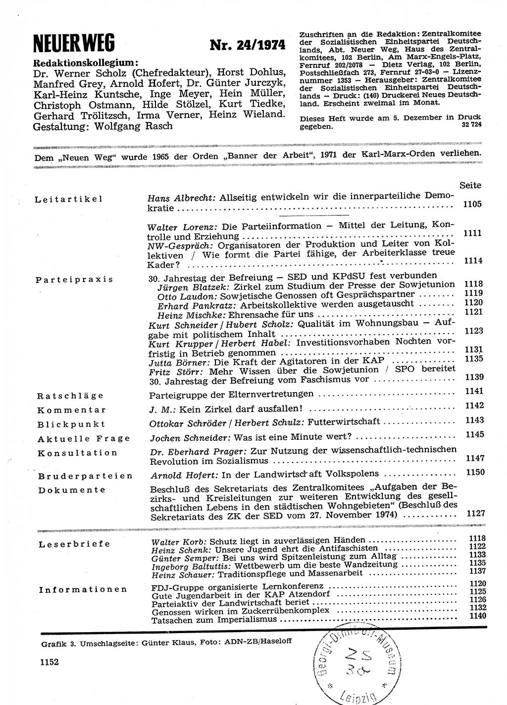 Neuer Weg (NW), Organ des Zentralkomitees (ZK) der SED (Sozialistische Einheitspartei Deutschlands) für Fragen des Parteilebens, 29. Jahrgang [Deutsche Demokratische Republik (DDR)] 1974, Seite 1152 (NW ZK SED DDR 1974, S. 1152)