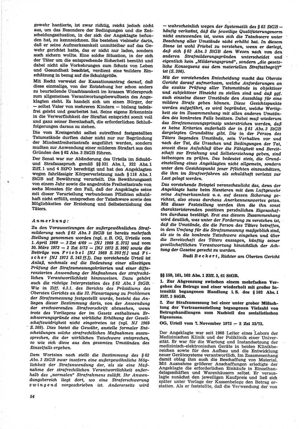 Neue Justiz (NJ), Zeitschrift für Recht und Rechtswissenschaft [Deutsche Demokratische Republik (DDR)], 28. Jahrgang 1974, Seite 54 (NJ DDR 1974, S. 54)