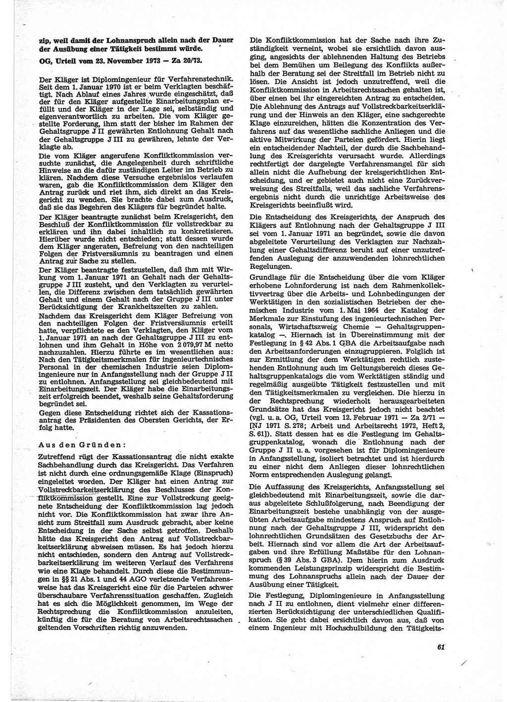 Neue Justiz (NJ), Zeitschrift für Recht und Rechtswissenschaft [Deutsche Demokratische Republik (DDR)], 28. Jahrgang 1974, Seite 61 (NJ DDR 1974, S. 61)