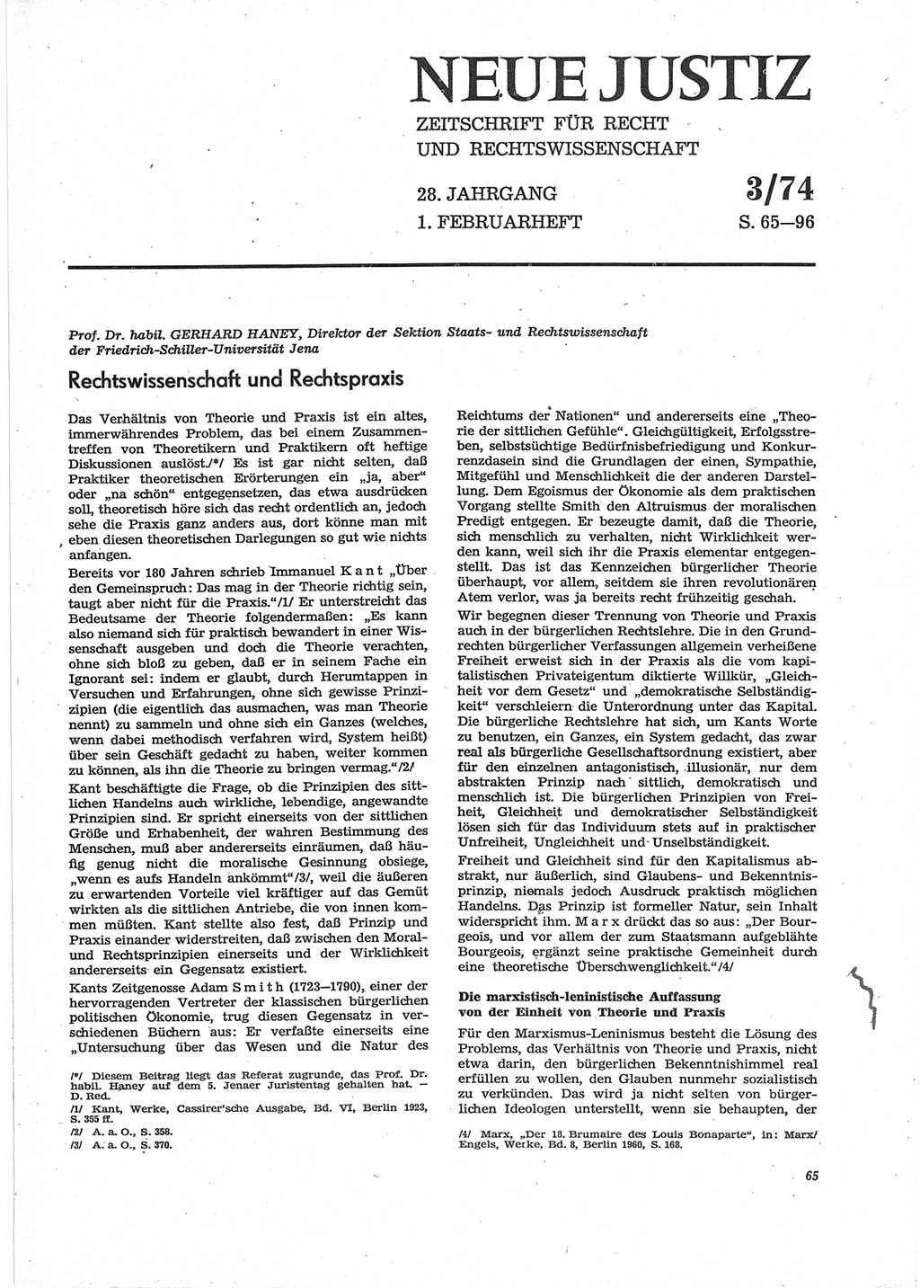 Neue Justiz (NJ), Zeitschrift für Recht und Rechtswissenschaft [Deutsche Demokratische Republik (DDR)], 28. Jahrgang 1974, Seite 65 (NJ DDR 1974, S. 65)
