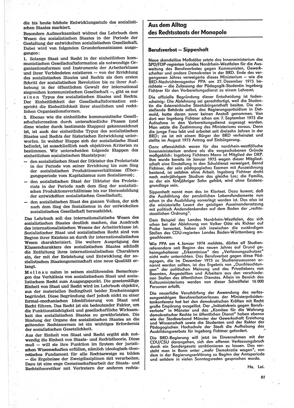 Neue Justiz (NJ), Zeitschrift für Recht und Rechtswissenschaft [Deutsche Demokratische Republik (DDR)], 28. Jahrgang 1974, Seite 81 (NJ DDR 1974, S. 81)