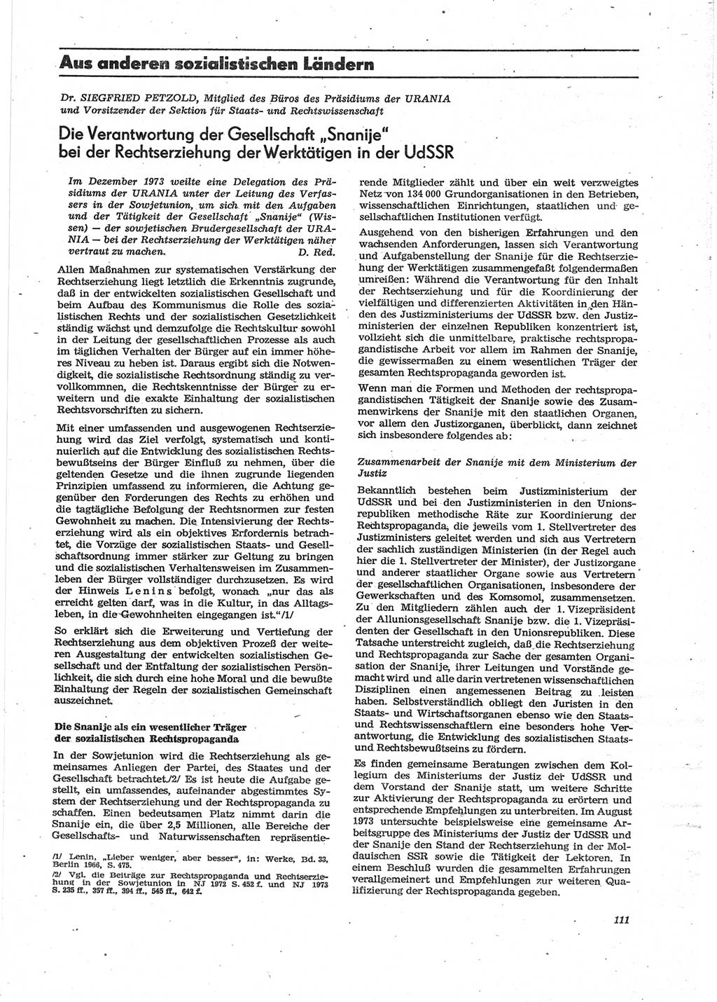 Neue Justiz (NJ), Zeitschrift für Recht und Rechtswissenschaft [Deutsche Demokratische Republik (DDR)], 28. Jahrgang 1974, Seite 111 (NJ DDR 1974, S. 111)
