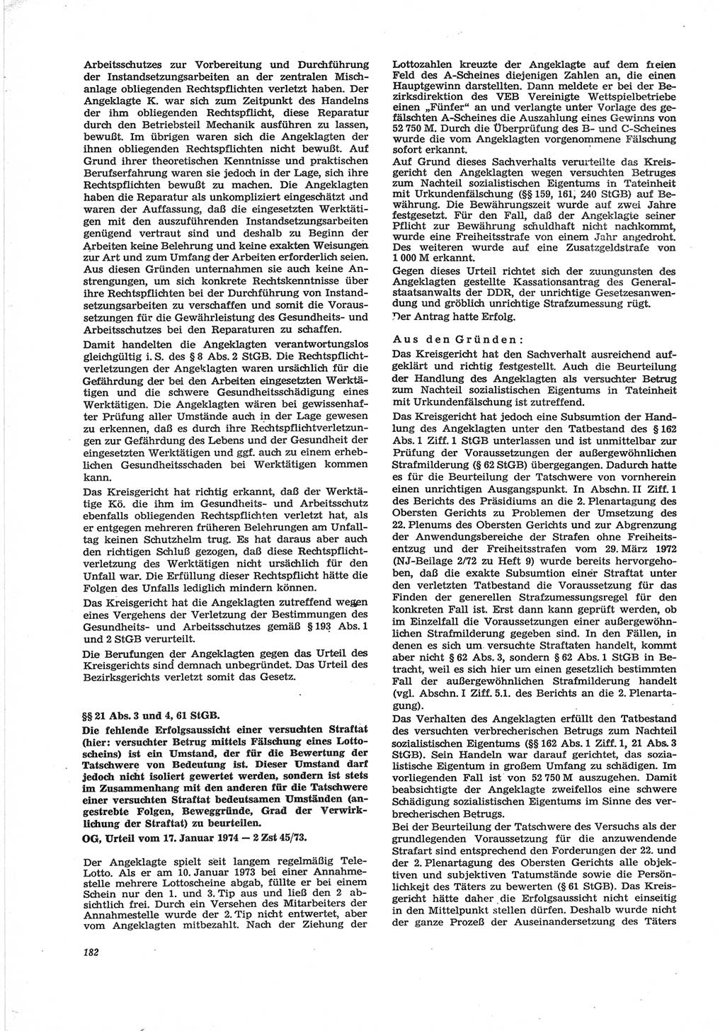 Neue Justiz (NJ), Zeitschrift für Recht und Rechtswissenschaft [Deutsche Demokratische Republik (DDR)], 28. Jahrgang 1974, Seite 182 (NJ DDR 1974, S. 182)