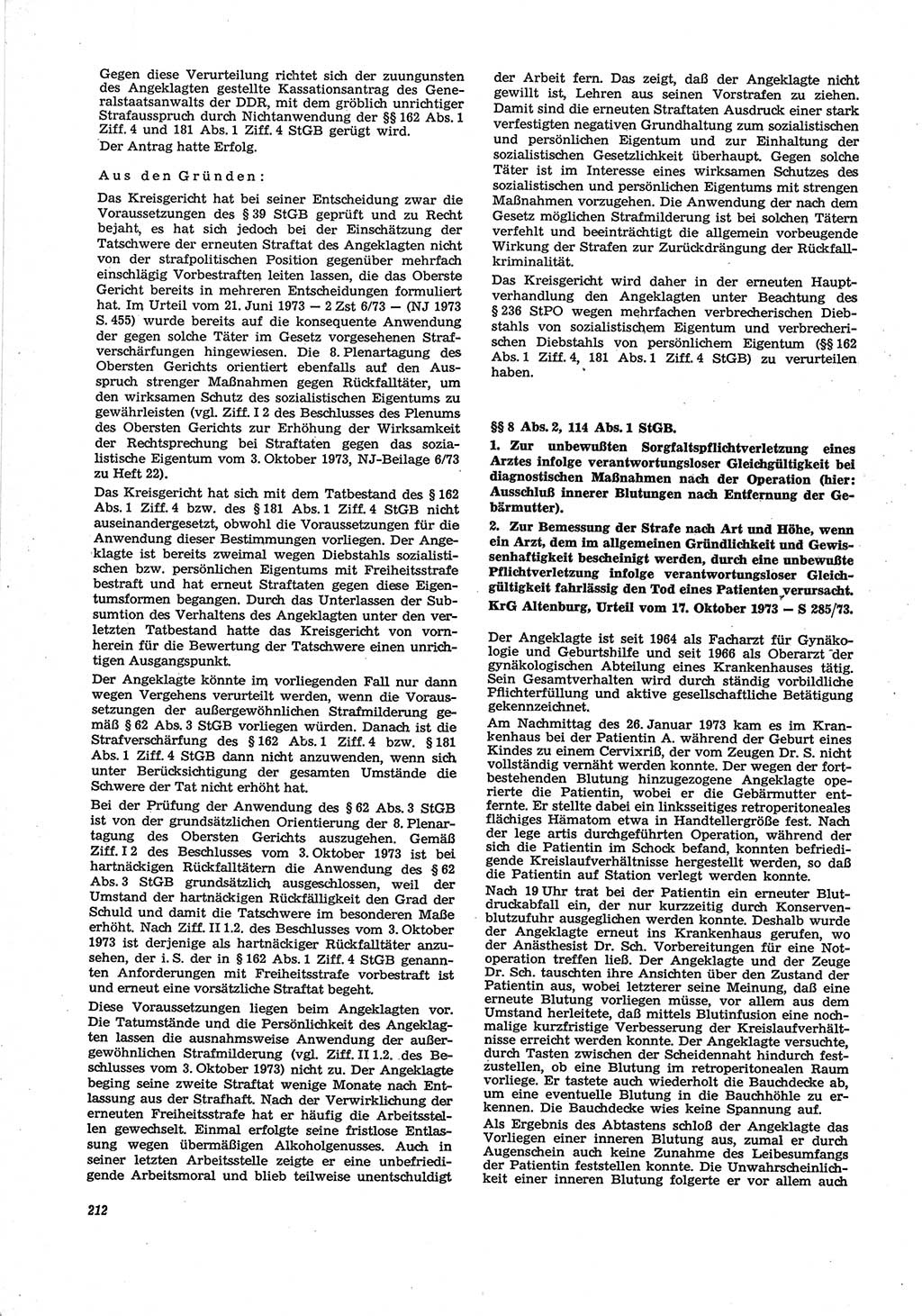 Neue Justiz (NJ), Zeitschrift für Recht und Rechtswissenschaft [Deutsche Demokratische Republik (DDR)], 28. Jahrgang 1974, Seite 212 (NJ DDR 1974, S. 212)